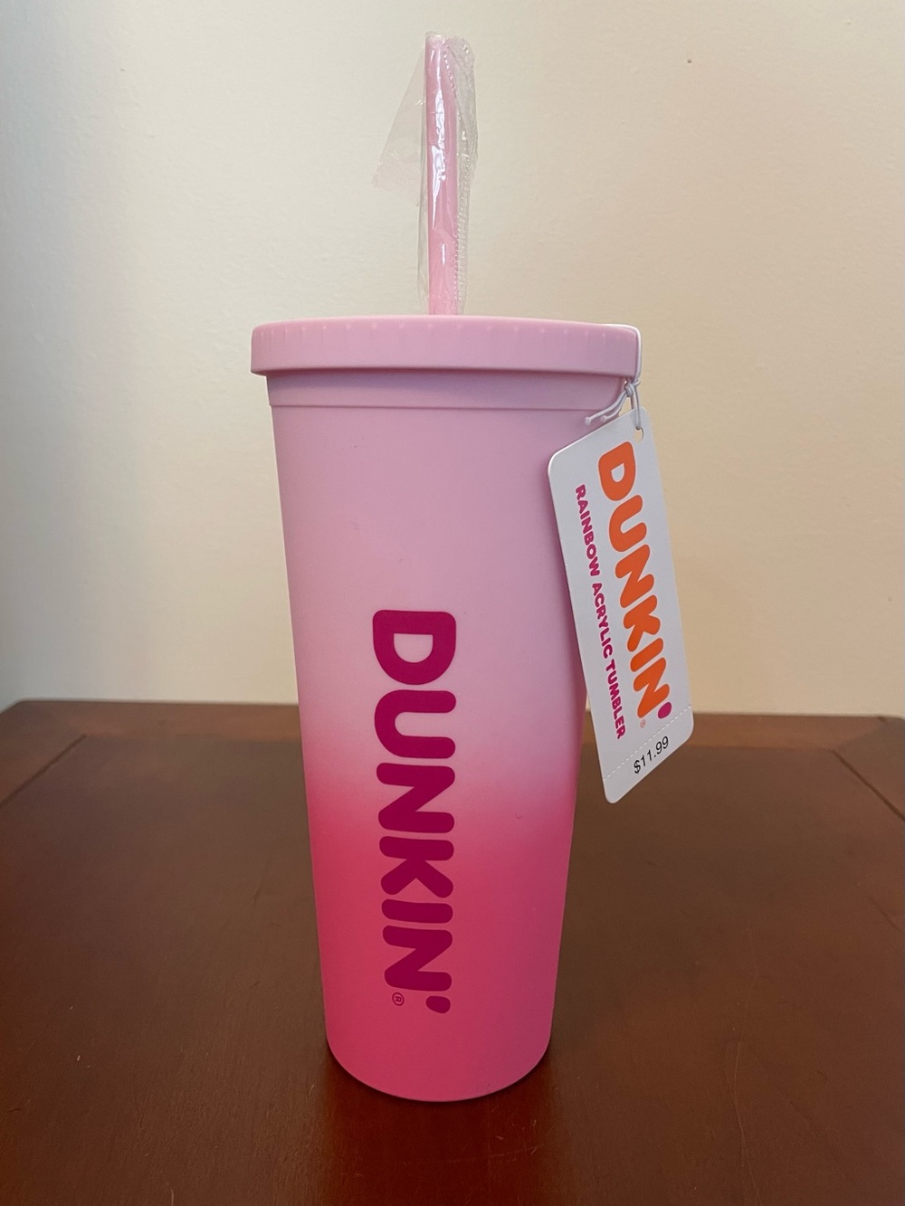 NWT DUNKIN OMBRÉ PINK RAINBOW LIDDED TUMBLER COLD CUP 24 OZ Fuchsia Straw New